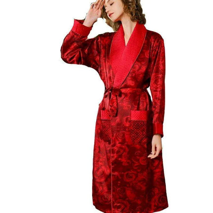 Plush Winter Plaid Silk Robe and Gown Set in Vibrant Red Rose for Women