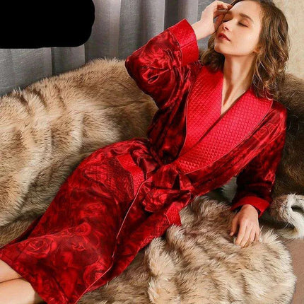 Plush Winter Plaid Silk Robe and Gown Set in Vibrant Red Rose for Women