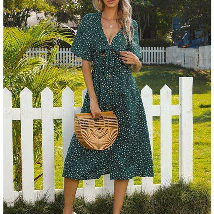 Polka-Dot Charm V-neck Dress with Stylish Bow Detail - Très Elite
