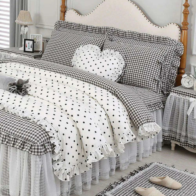 Polka Dot Cotton Luxurious 4-Piece Set with Ruffled Duvet Cover and Coordinated Bed Skirt