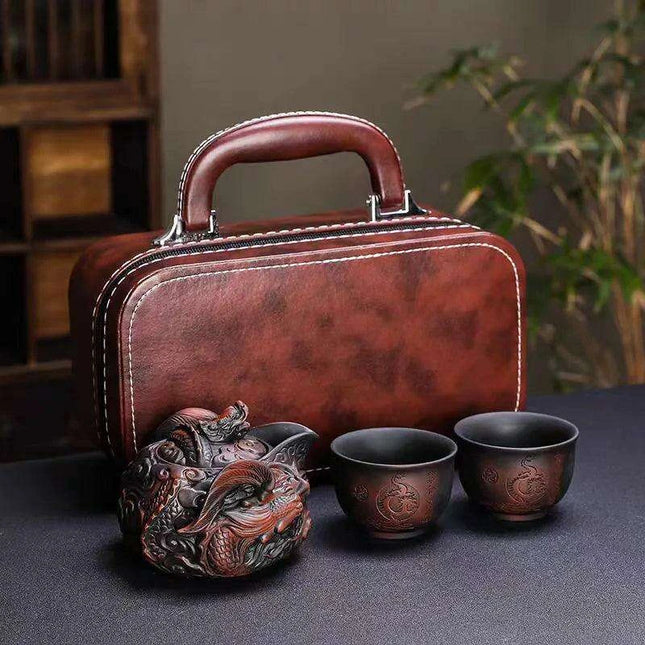 Portable Purple Dragon Outdoor Tea Set with Artisan Teapot and Two Travel Mugs - 250ml Edition