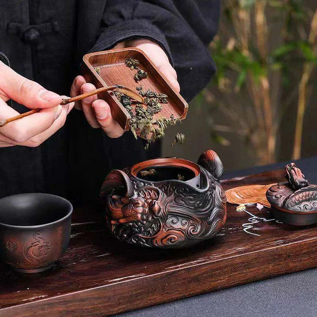 Portable Purple Dragon Outdoor Tea Set with Artisan Teapot and Two Travel Mugs - 250ml Edition