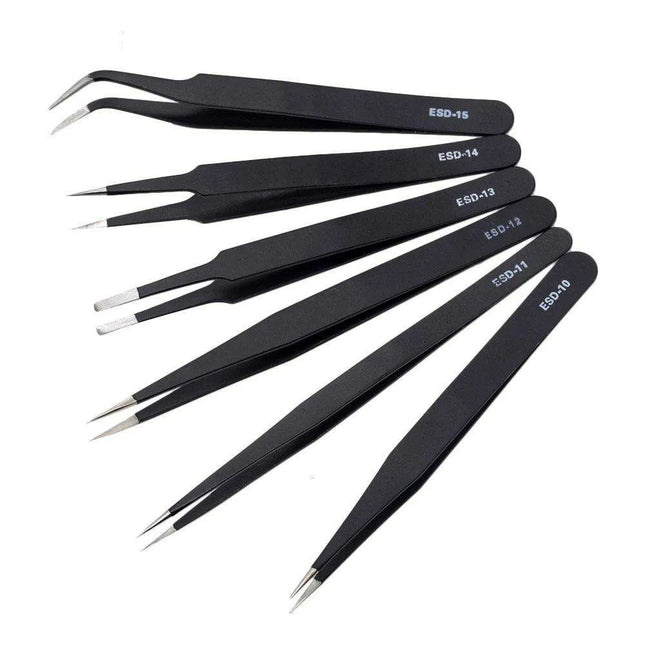 Precision ESD Stainless Steel Tweezers Set - 6 Pieces for Delicate DIY Projects