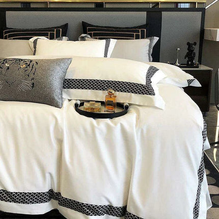 Premium 1000TC Egyptian Cotton White 4-Piece Embroidered Luxury Bedding Set with Duvet Cover, Pillowcases, and Bed Sheet - Très Elite