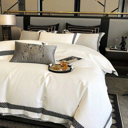 Premium 1000TC Egyptian Cotton White 4-Piece Embroidered Luxury Bedding Set with Duvet Cover, Pillowcases, and Bed Sheet - Très Elite