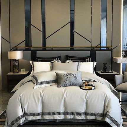 Premium 1000TC Egyptian Cotton White 4-Piece Embroidered Luxury Bedding Set with Duvet Cover, Pillowcases, and Bed Sheet - Très Elite