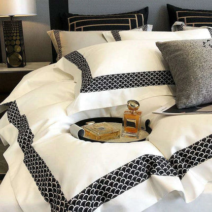 Premium 1000TC Egyptian Cotton White 4-Piece Embroidered Luxury Bedding Set with Duvet Cover, Pillowcases, and Bed Sheet - Très Elite