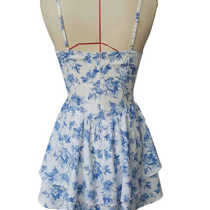 Printed Deep V Sleeveless Dress Strapless Cake Skirt - Très Elite