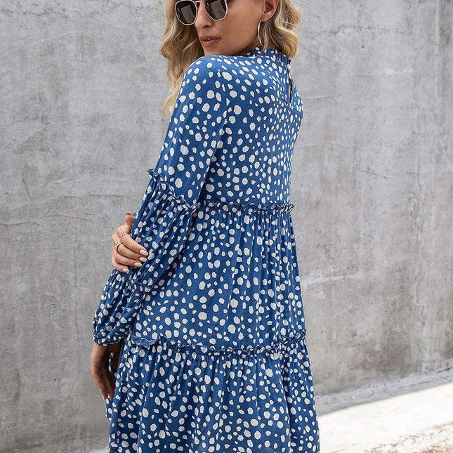 Printed Drop Shoulder Tiered Mini Dress with Long Sleeves - Casual Chic Collection