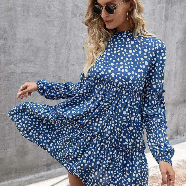 Printed Drop Shoulder Tiered Mini Dress with Long Sleeves - Casual Chic Collection