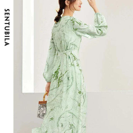 Printed Midi Dress with Lantern Sleeves and Lace-up Detail