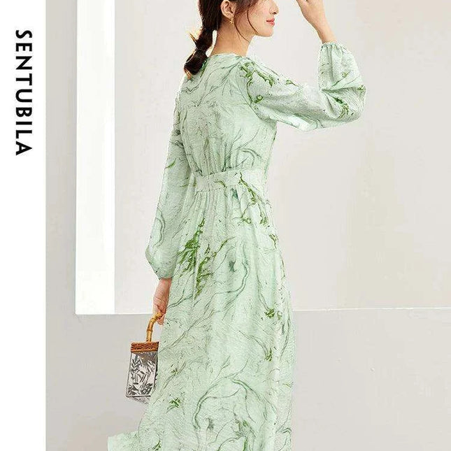 Printed Midi Dress with Lantern Sleeves and Lace-up Detail