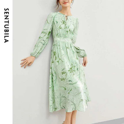 Printed Midi Dress with Lantern Sleeves and Lace-up Detail