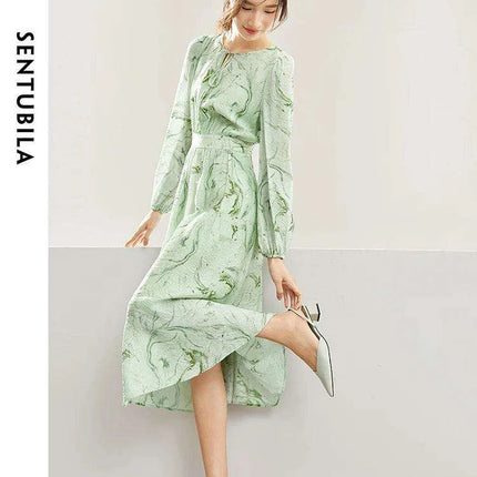 Printed Midi Dress with Lantern Sleeves and Lace-up Detail