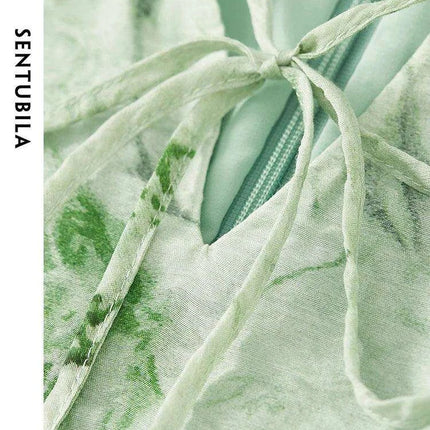 Printed Midi Dress with Lantern Sleeves and Lace-up Detail