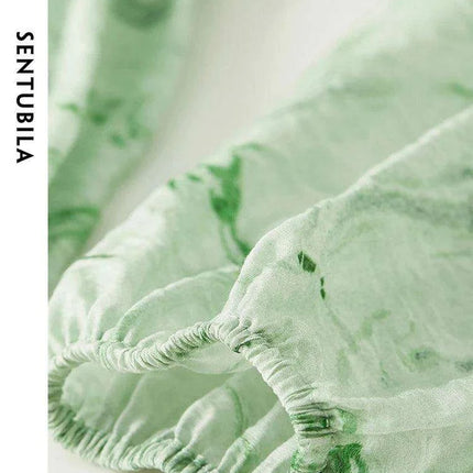 Printed Midi Dress with Lantern Sleeves and Lace-up Detail