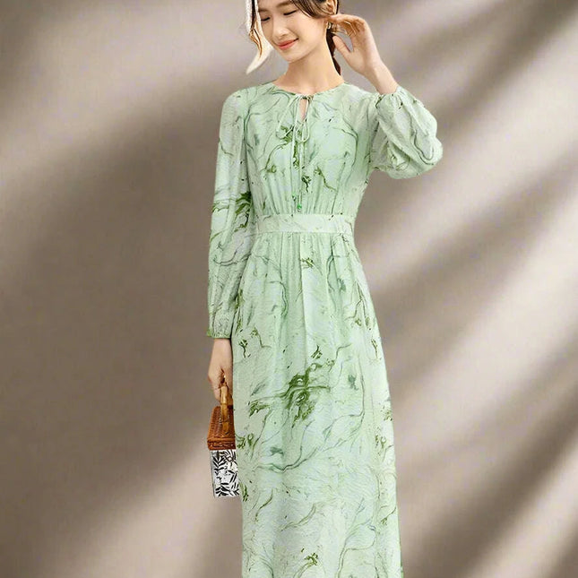 Printed Midi Dress with Lantern Sleeves and Lace-up Detail