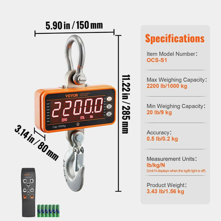 Professional Heavy-Duty Digital Crane Scale with Remote Control and High-Visibility LED Display - Weighing Capacity up to 11,000 lb- Très Elite- Très Elite