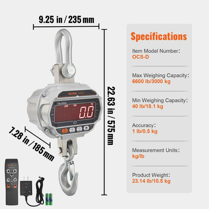 Professional Heavy-Duty Digital Crane Scale with Remote Control and High-Visibility LED Display - Weighing Capacity up to 11,000 lb- Très Elite- Très Elite