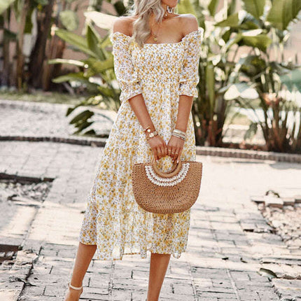 Puff Sleeve Narrow Waist Large Skirt Floral Print Dress - Très Elite