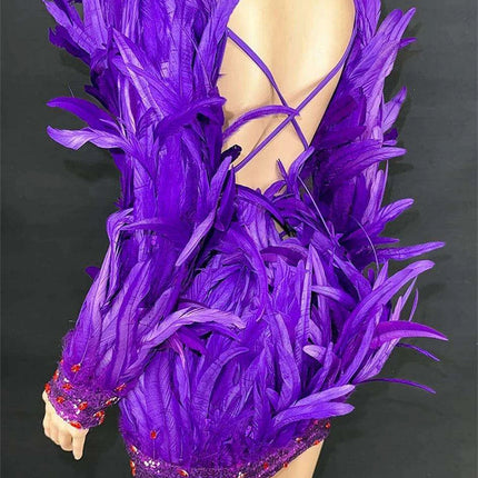 Purple Feathered Backless Mini Dress for Dazzling Night Out - Très Elite