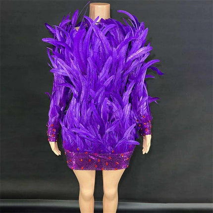 Purple Feathered Backless Mini Dress for Dazzling Night Out - Très Elite
