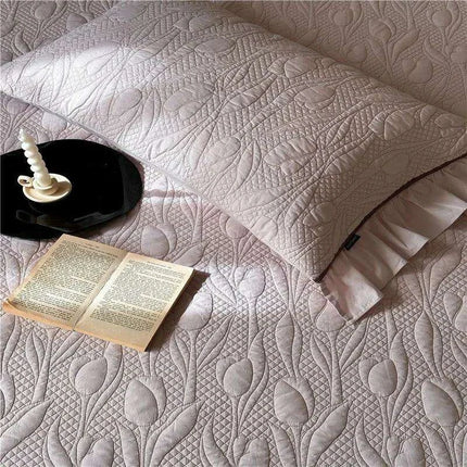 Queen Size 3-Piece Quilted Bedspread Set with Tree Leaves Motif and Pleated Trim - Soft Cotton Comfort - Très Elite