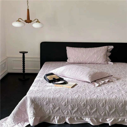 Queen Size 3-Piece Quilted Bedspread Set with Tree Leaves Motif and Pleated Trim - Soft Cotton Comfort - Très Elite