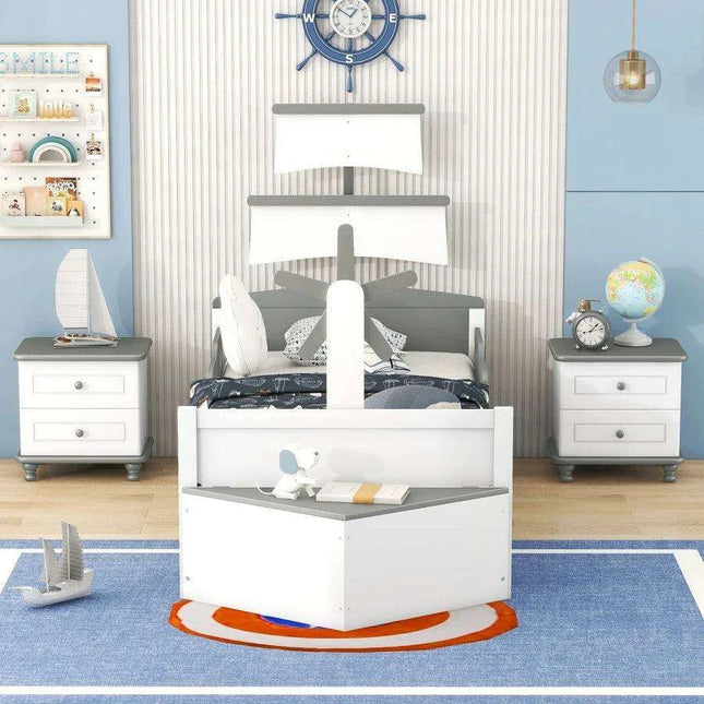 Race Car-Inspired Twin Bedroom Set with Trundle Bed and Nightstands - White/Gray Pine Wood Furniture