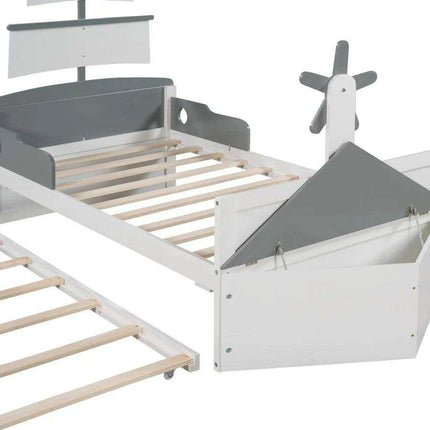 Race Car-Inspired Twin Bedroom Set with Trundle Bed and Nightstands - White/Gray Pine Wood Furniture..