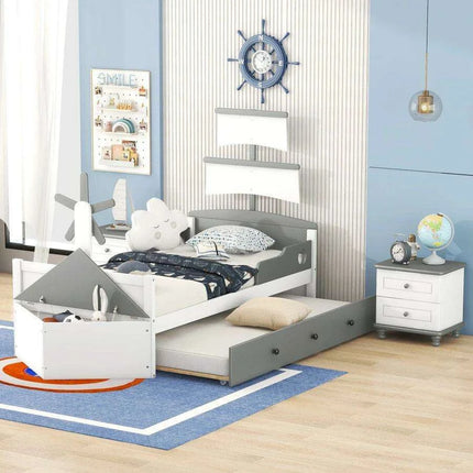 Race Car-Inspired Twin Bedroom Set with Trundle Bed and Nightstands - White/Gray Pine Wood Furniture..