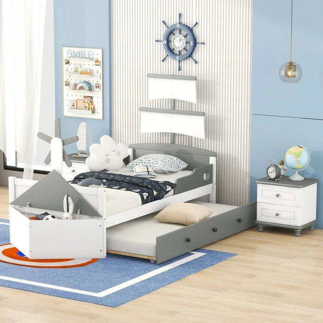Race Car-Inspired Twin Bedroom Set with Trundle Bed and Nightstands - White/Gray Pine Wood Furniture