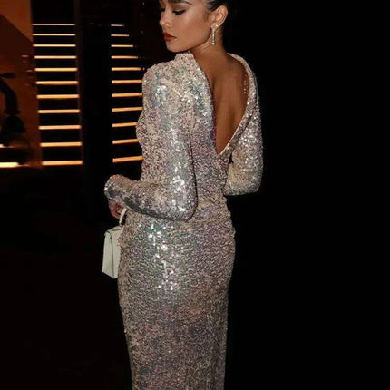 Radiant Backless Sequin Maxi Gown: Chic Long-Sleeve Evening Dress
