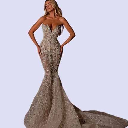 Radiant Crystal-Embellished Mermaid Bridal Gown with Elegant V-Neck - Très Elite