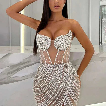 Radiant Crystal Embellished Sheath Dress - Chic Above Knee Gown for Weddings and Special Events - Très Elite