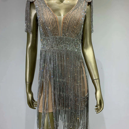 Radiant Diamond Tassel V Neck Bodycon Mini Dress - Showstopper Evening Attire
