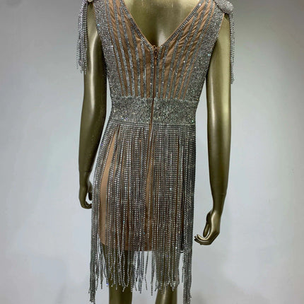 Radiant Diamond Tassel V Neck Bodycon Mini Dress - Showstopper Evening Attire