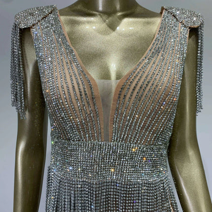 Radiant Diamond Tassel V Neck Bodycon Mini Dress - Showstopper Evening Attire