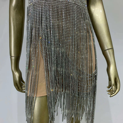 Radiant Diamond Tassel V Neck Bodycon Mini Dress - Showstopper Evening Attire