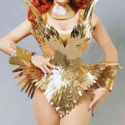 Radiant Gold Leaf Patent Leather Dance Bodysuit Set for Nightlife Glamour - Très Elite