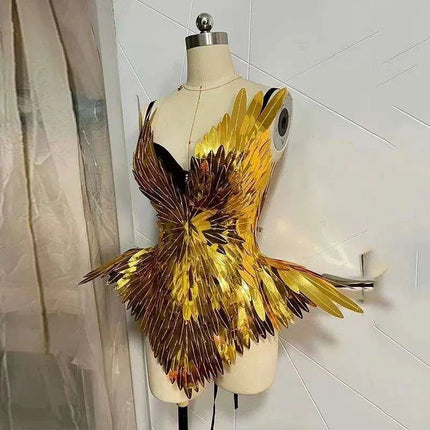 Radiant Gold Leaf Patent Leather Dance Bodysuit Set for Nightlife Glamour - Très Elite