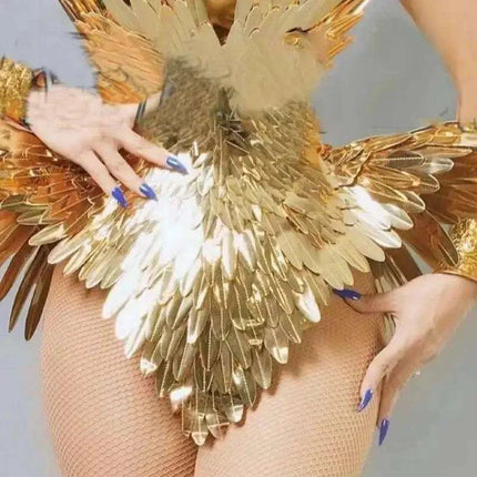 Radiant Gold Leaf Patent Leather Dance Bodysuit Set for Nightlife Glamour - Très Elite