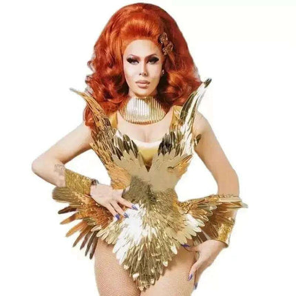Radiant Gold Leaf Patent Leather Dance Bodysuit Set for Nightlife Glamour - Très Elite