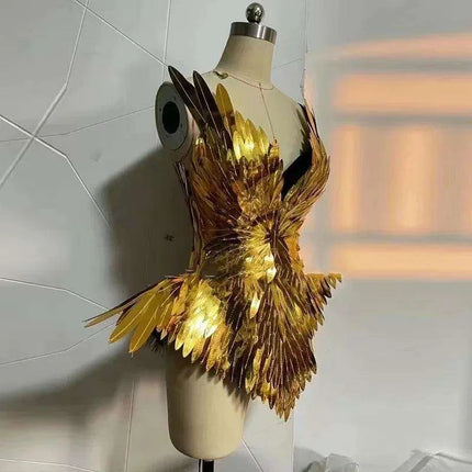 Radiant Gold Leaf Patent Leather Dance Bodysuit Set for Nightlife Glamour - Très Elite