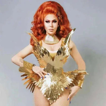 Radiant Gold Leaf Patent Leather Dance Bodysuit Set for Nightlife Glamour - Très Elite