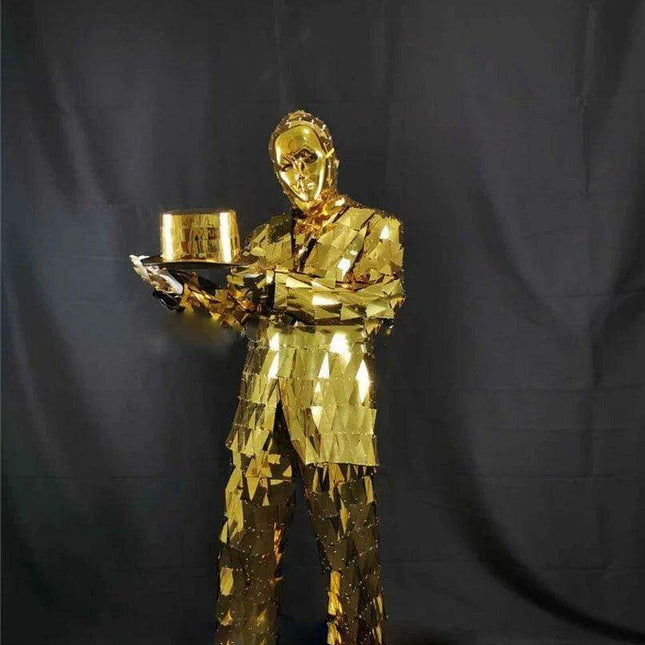 Radiant Gold Stage Outfit for Men - Dazzling Performance Suit with Reflective Design and Coordinating Hat for DJs and Dancers