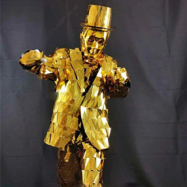 Radiant Gold Stage Outfit for Men - Dazzling Performance Suit with Reflective Design and Coordinating Hat for DJs and Dancers