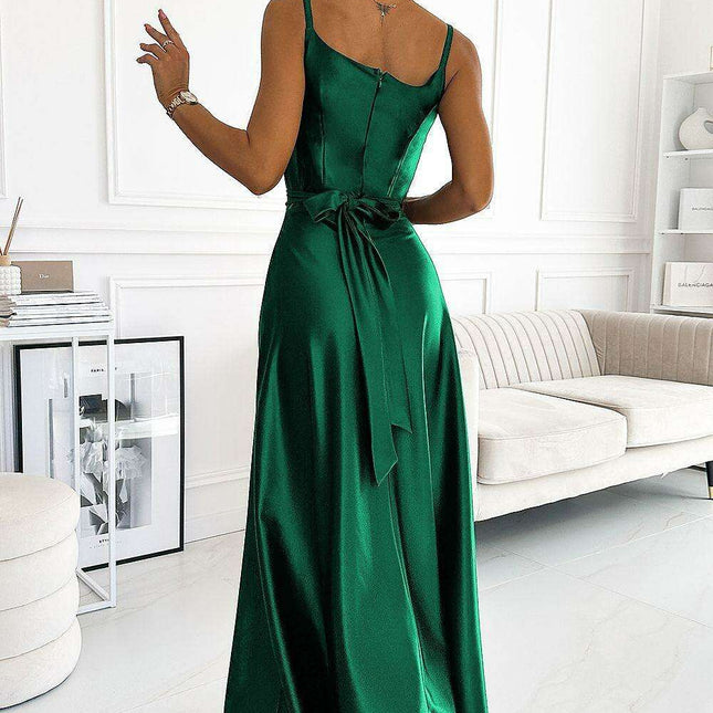 Radiant Navy Blue Glitter Evening Dress with Stylish Leg Slit by Numoco