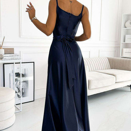Radiant Navy Blue Glitter Evening Dress with Stylish Leg Slit by Numoco - Très Elite