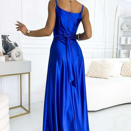 Radiant Navy Blue Glitter Evening Dress with Stylish Leg Slit by Numoco - Très Elite